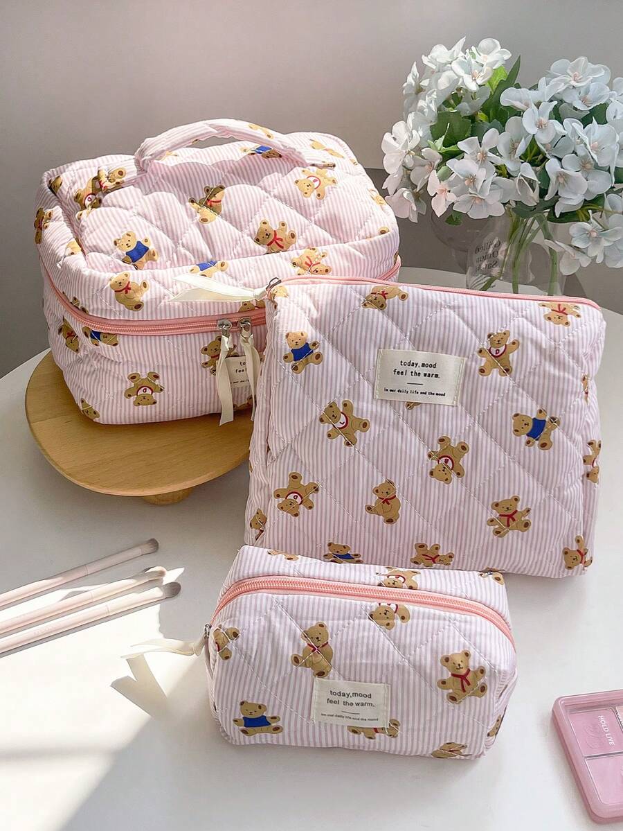 1个粉色条纹泰迪熊化妆包，万圣节不给糖就捣蛋，时尚休闲大容量拉链化妆包，文具收纳袋，旅行必备，女士礼物 - 粉色 - 查看 1