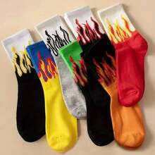 5 Pairs Unisex Colorblock Flame Pattern Mid-Calf Socks, Creative & Fashionable Sports Socks, Versatile For Daily Wear, All Seasons, Fall Socks
