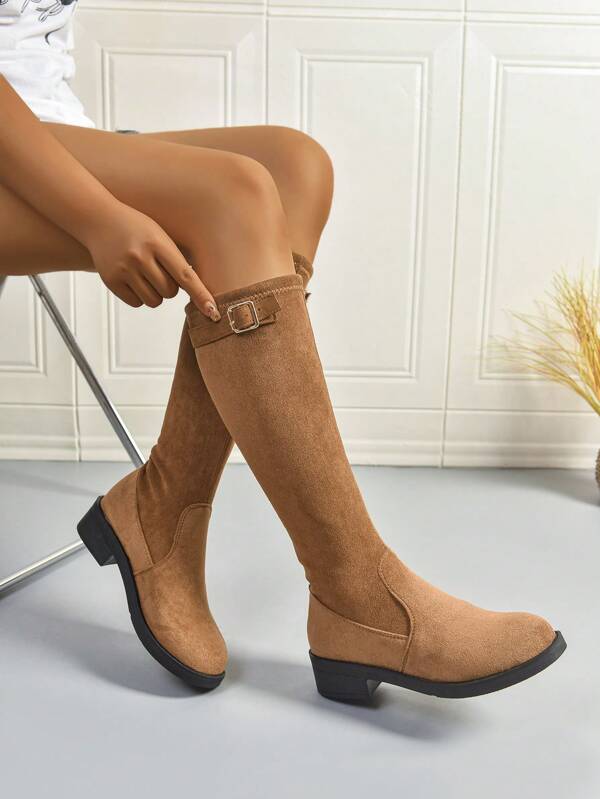2025 Autumn/Winter New Women's Brown Knee-High Boots, Round Toe Suede Solid Color Buckle Elastic Pull-On Chunky Heel Riding Boots, Stretch Boots, Skinny Boots, Fashion Versatile Everyday Wear Brown Boots, Plus Size Women Boots