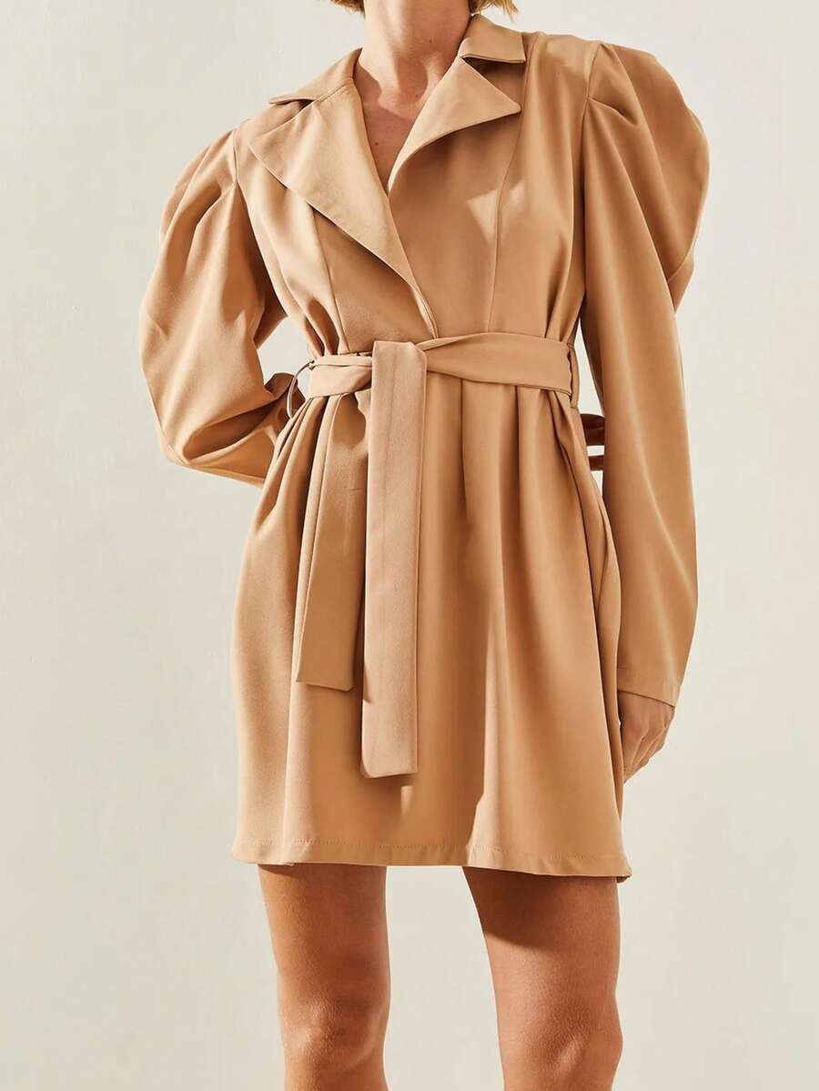 BIANCO LUCCI 优雅纯色羊腿袖通勤连衣裙