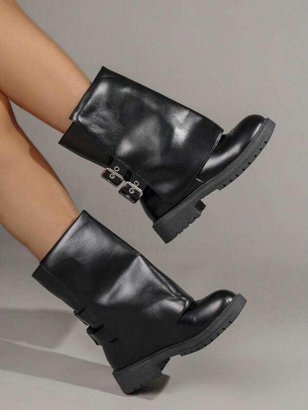 1 par de botas de tacón alto patentado de moda, botas de tacón alto negras para mujer