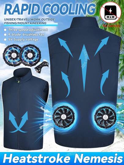 男士降温服/加热服 2025 男士降温背心衣服，女士降温夹克，风扇背心，夏季服装，工作服空调背心钓鱼背心男士背心户外凉爽工作降温服，USB 电源，3 档可调，2 个 9 叶风扇，适合钓鱼、徒步旅行爱好者、户外工作、旅行、露营、徒步旅行、露营、徒步旅行装备、男士夹克、防中暑