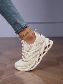 [尺码偏大半码] 1 双女士时尚纯色跑步鞋，透气防滑运动鞋，轻便舒适的户外运动鞋，柔软厚底增高厚底运动鞋，减震，网眼透气，一脚蹬袜子鞋，适合休闲、户外、上学、旅行、散步 - 米色 - 查看 6