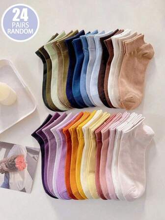 24 Pairs Random Women's Simple Candy Sports Crew Socks, Back To School Teens Running Hiking Trainer Socks, Spring, Summer, Autumn & Winter Soft, Comfortable & Breathable, Travel Camping Socks Holiday Birthday Halloween & Christmas Xmas Gift