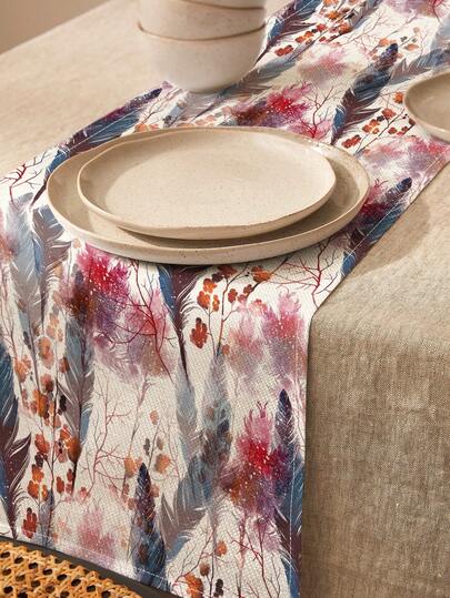 1개 컬러풀한 깃털 패턴 프린트 린넨 테이블 러너, 휴일, 파티, 생일, 저녁식사, 주방 및 식당 장식, 신발장 및 수납장 커버, 사계절 홈 데코레이션에 적합