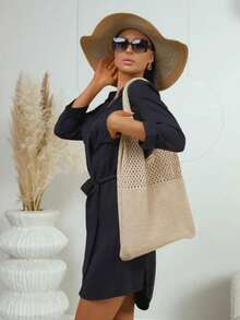 Hollow Crochet Bag, Large Capacity Shopping Bag, Women's Woven Shoulder Bag