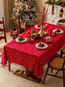 1pc Red Christmas Tablecloth, Christmas Metallic Jingle Bells, Rectangular Tablecloth With Red Tassel Decor, Washable, Dining Table Cover, Holiday Home Decor, Party Tablecloth, Bedside Cabinet Cover, Festive Decoration Suitable For Kitchen, Dining Room, Gathering, Wedding, Holiday, Party, New Year, Christmas Decor, Gift, Merry Christmas - Red - View 8