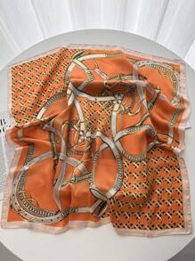 1条70厘米方形缎面围巾，时尚佩斯利印花，女士披肩，颈巾，头巾，花卉图案，适合搭配连衣裙 - 橘色鏈條 - 查看 3