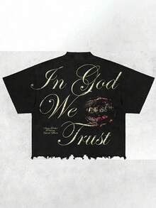[Y2K Belief  Impact T-Shirt] The Artistic Fonts "SaintWRLD" And "In God We Trust" Are Matched With Individual Lip And Tooth Images, And Y2K Style Old Burrs And Retro Hot Stamping Techniques Are Integrated, Made Of Pure Cotton. - 黑色 - 查看 3