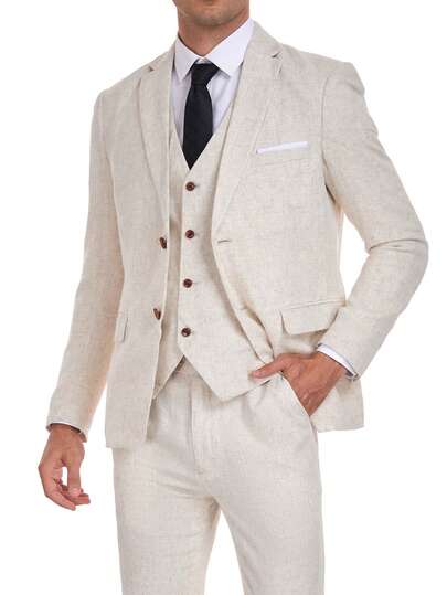 Furuyal Cotton Linen Men's Suits 3 Pieces Elegant Suit Set For Men Gentleman Solid Two Button Slim Fit Dress Formal Business Single Breasted Wedding Jacket Vest Pant With Set Prom Tuxedo Party Old Money Style Beige Size XS-XXXL