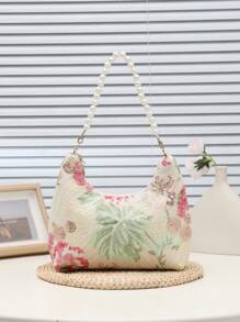 1 件亮片网格拼布手提包、时尚串珠刺绣花卉图案单肩包、大容量女士手提包、休闲海滩风格购物袋、时尚优雅女士手提包、PVC 串珠拼色叶子图案腋下包、时尚派对夜总会包、迷人波西米亚风格包、时尚法棍包 - 米色 - 查看 1