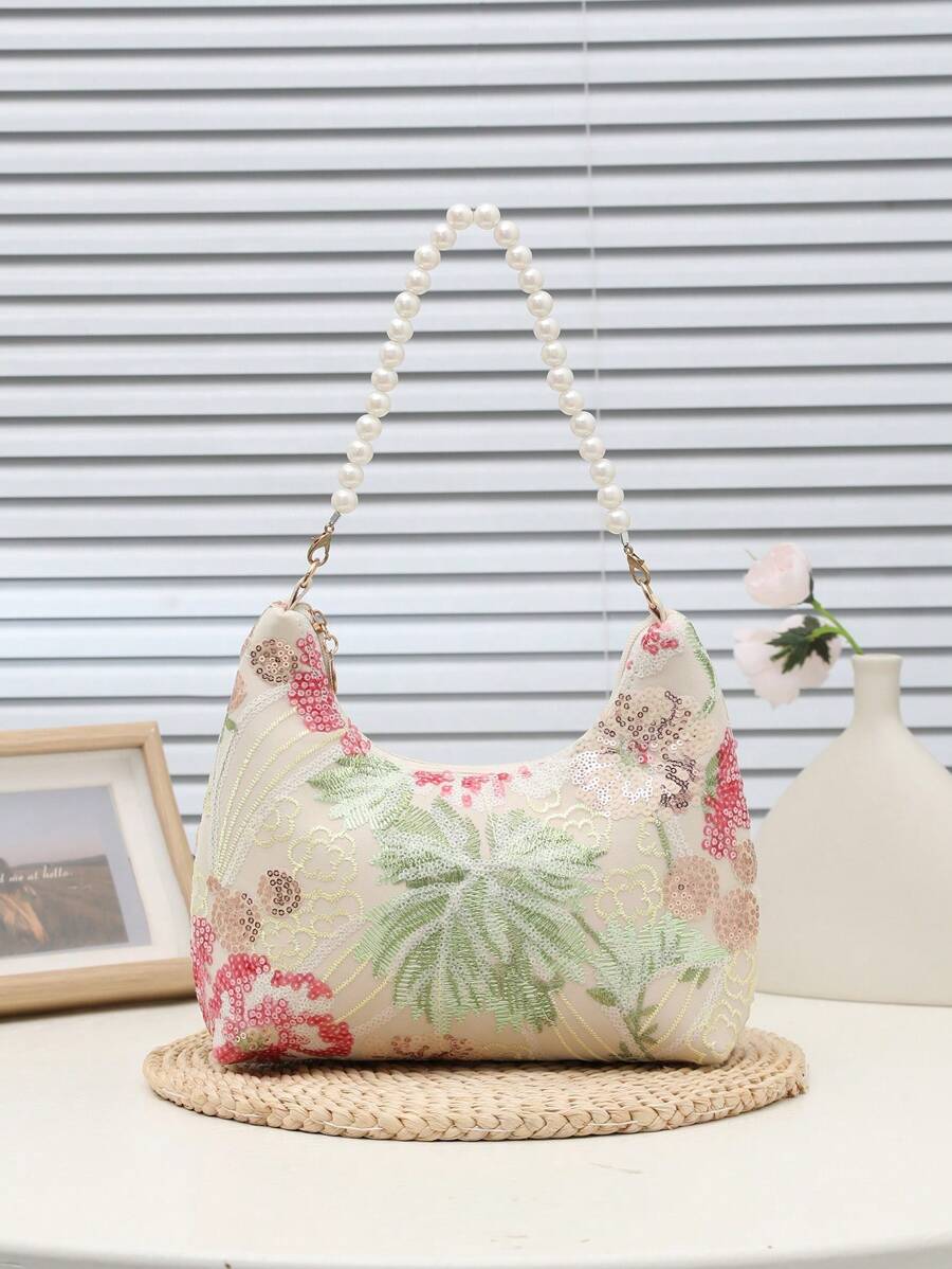 1 件亮片网格拼布手提包、时尚串珠刺绣花卉图案单肩包、大容量女士手提包、休闲海滩风格购物袋、时尚优雅女士手提包、PVC 串珠拼色叶子图案腋下包、时尚派对夜总会包、迷人波西米亚风格包、时尚法棍包 - 米色 - 查看 1