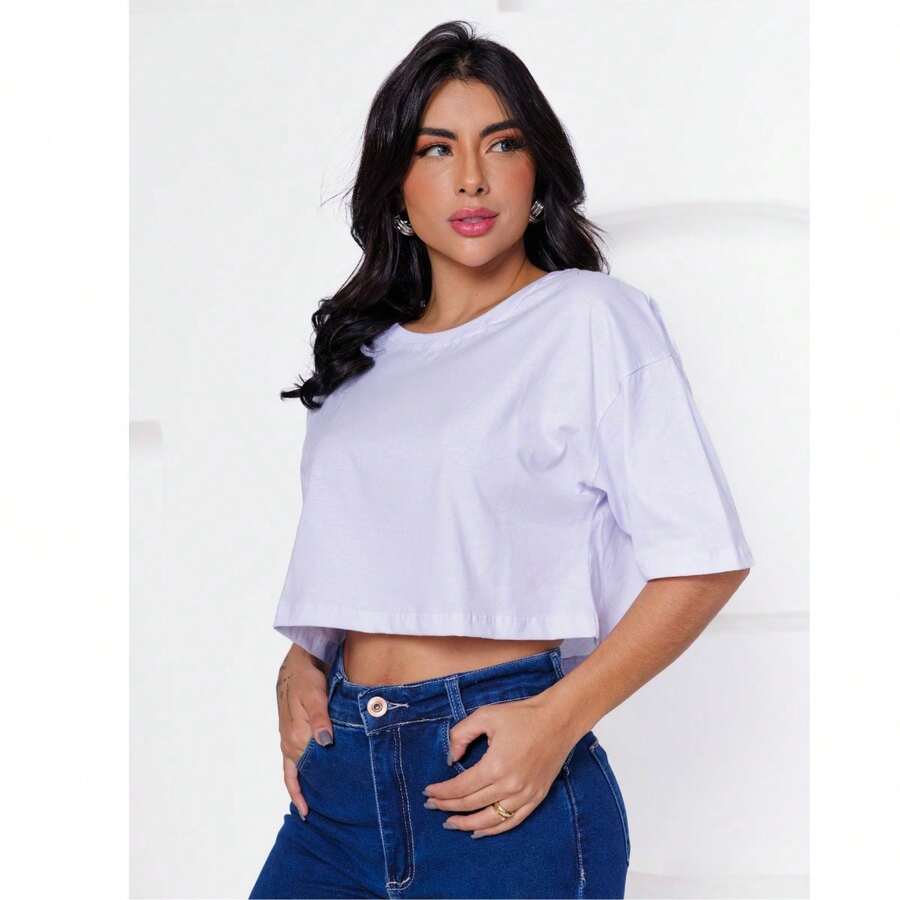 Women's Basic Cropped T-Shirt In Plain Cotton Knit - White - View 1