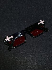 POLASUP 1 件水晶十字架和心形装饰牢不可破的聚碳酸酯镜片运动休闲复古方形太阳镜男士四季皆宜，Y2K 时尚复古风格，配有眼镜带和清洁布 - 黑框/紅鏡片(貼鑽十字架) - 查看 9