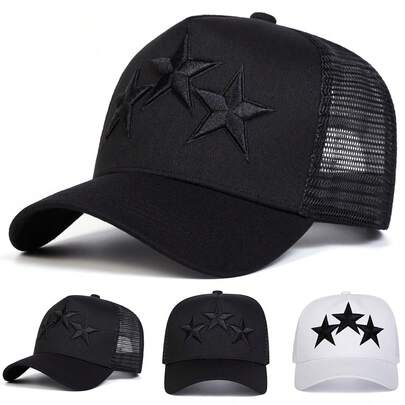1pc Men's Star Embroidery Truck Driver Hat, Baseball Cap, Streetwear Casual Mesh Cap, Suitable For Spring, Autumn, Travel, Beach