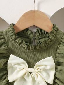 Vestido de pana con volantes y lazo, de manga larga, lindo para bebé niña, adecuado para exteriores en otoño/invierno