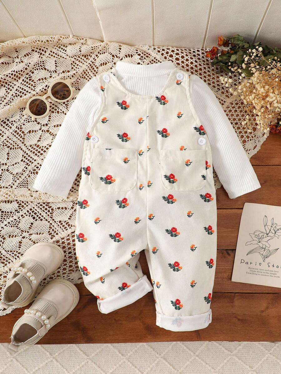 2 Stücke Baby Mädchen süßer weißer Rollkragen Pullover und Blume Muster Overall Set, geeignet für Herbst/Winter Outdoor