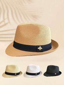 1 件女士纯色草编太阳帽，休闲波西米亚复古宫廷风优雅草编帽，适合海滩，夏季旅行，防晒，头围小，平顶设计 - A - 查看 16