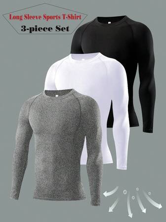 3 件运动压缩长袖 T 恤，适合户外训练、跑步、健身，男士高弹压缩健身运动长袖上衣