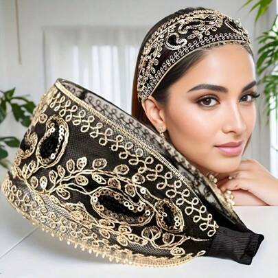 1pc Elegant Retro Polyester Headband With Sequin & Floral Decor - Women Non-Slip Wide Hair Accessory, Everyday Wear, Spring/Summer Collection, Carnival/Masquerade