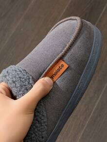 Sandal Pria Berbahan Plush dengan Desain Patchwork, Untuk Dalam/Luar Ruangan, Hangat, Anti Selip, Tahan Lama, Abu-abu Netral, Musim Dingin - Grey - View 4