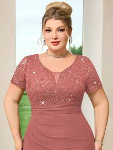 Plus Deep V-Neck Sequin Floral Lace Ruched Hem Bodycon Dress - Dusty Pink - View 10