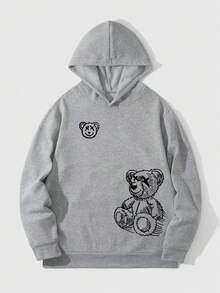 Simple Studio | 男士休闲熊印花连帽卫衣，秋冬款 - 深灰色 - 查看 4