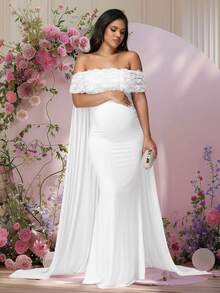 JustVH Maternity Floral Off-Shoulder Dress For Baby Shower, Mesh Cloak Maxi Women Outfit Photoshoot Prop