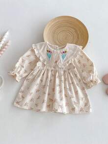 1pc Young Girl' Casual Floral Embroidered Long Sleeve Dress, Comfortable & Fashionable For Autumn - Apricot - View 9