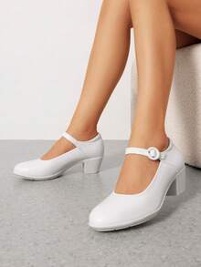 Women's Pumps Low Chunky Mary Jane Heels Closed Round Toe Solid Color Comfortable Dating Work Dress Shoes - 白色 - 查看 5