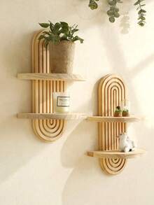 1pc/2pcs Geometric Shaped Wall Hanging Rack, Wooden Floating Shelf, Rustic Style Wooden Wall Mount Storage Rack, Bedroom/Kitchen Wall Mounted Wooden Display Rack, Toilet Wall Hanging Floating Shelf, Small Farmhouse Style Wall Decor, Spring Decor, Mother's Day Perfect Gift, Room Decor, Garden Decor, Wedding Decor, Home Decor, Christmas Decor, Wall Decoration, Christmas Ornaments, Accessories, Gifts, Wreaths, Thanksgiving - Multicolor - View 2