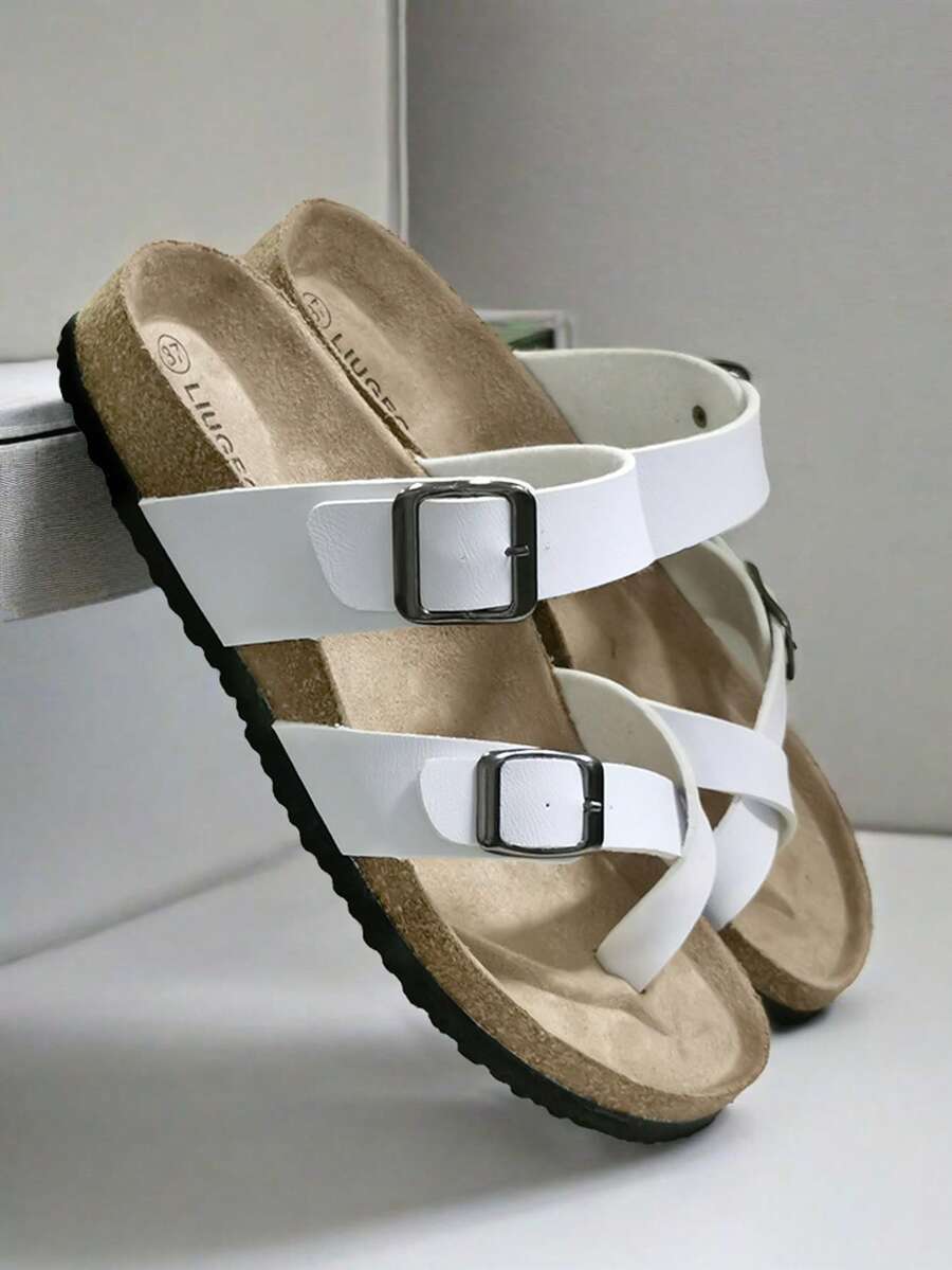 Spring To Summer 2025 New Crossed Toe Soft Cork Slippers Beach Sandals, Unisex - White - View 1