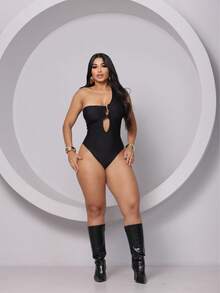 WOMEN'S BODYSUIT ONE SHOULDER SO ELEGANT  BUCKLE Simple Elegant Cotton Wrinkled Hollow / Cut Birthday Party SUMMER - màu đen - Xem 4