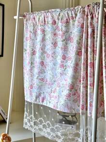 1pc Vintage Floral Rose Print Lace Trim Semi-Sheer Curtain, Suitable For Home & Commercial Use, Ideal For Kitchen, Window Decoration, Retro Window Matching, Christmas Window Decor