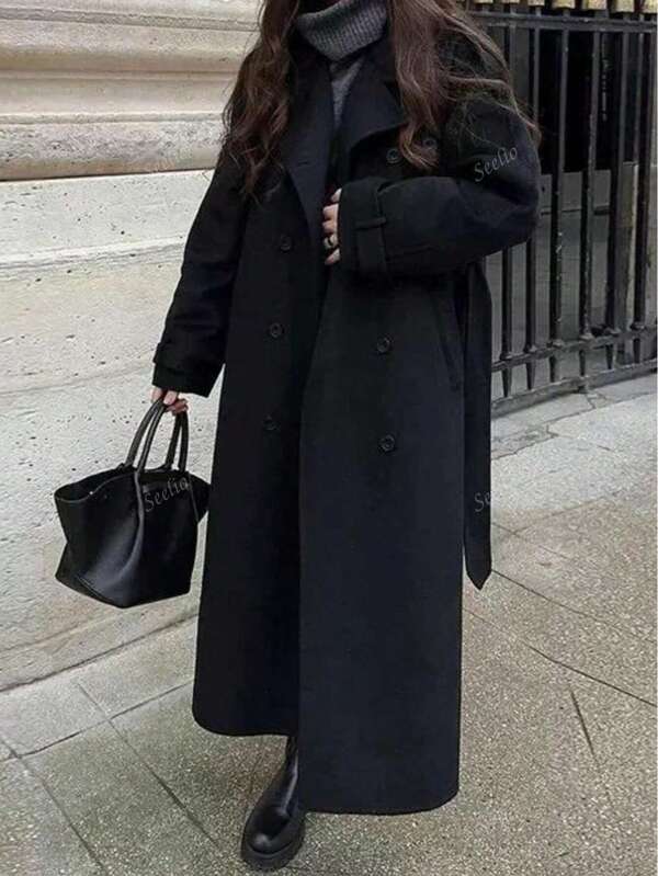 Seelio Women's Classic Retro Double-Breasted Windbreaker Coat, European And American Style, Autumn/Winter