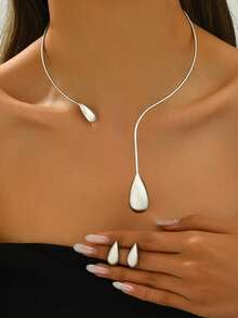 1 套时尚几何线条和水滴形开领项链和耳环 - 彩色 - 查看 19