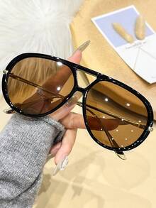 1pc Classic Fashion Aviator Glasses For Men & Women, Metal Double Bridge Large Frame, Essential For Travel, Beach, Campfire Party, Gift, Retro Street Style, Driving, Outdoor, Party, Stage Performance, Back To School Season, Holiday Accessory - Multicolor - View 5