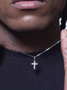 1pc迷你锆石十字架吊坠项链嘻哈细链锁骨链男女日常搭配饰品适合情人节