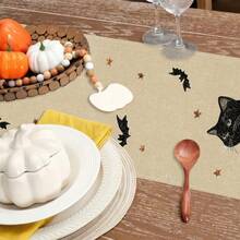 1 Piece Of Halloween Patterned Table Flag, Including Pumpkin And Black Cat, Made Of 72 Inch Knitted Polyester Fiber, Suitable For Holiday Gathering Tables, Home Kitchen Decoration, And Gifts.