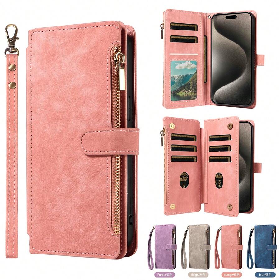 eaacaa 1 pieza Funda de cartera con tapa vintage con múltiples ranuras para tarjetas, correa de muñeca, protección antichoque y antirrobo para iPhone 17 Pro Max/17 Pro/AIR/17/17e/16 Pro Max/15/14/13/12/11, Serie A16