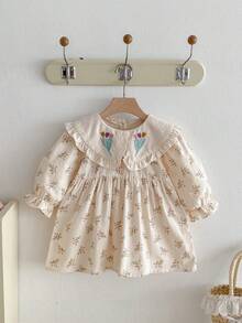 1pc Young Girl' Casual Floral Embroidered Long Sleeve Dress, Comfortable & Fashionable For Autumn - Apricot - View 11