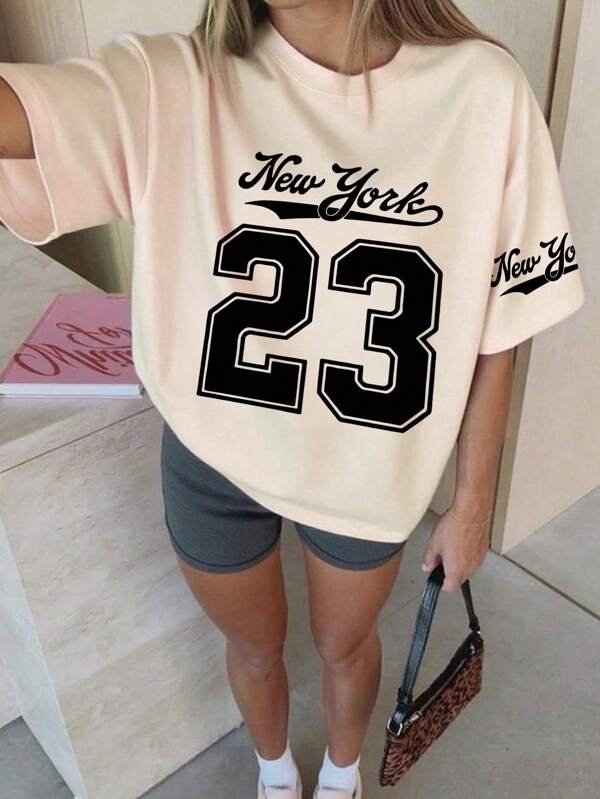 Tween Girls' Numeric Print Short Sleeve T-Shirt, Student Young Casual Tops For Summer Playtime