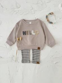 2 件套男女通用婴儿服装，字母刺绣运动衫和裤子套装，春秋季休闲装 - 卡其色 - 查看 5