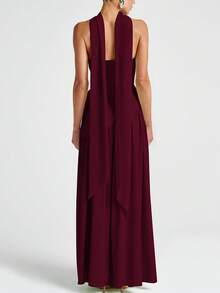 女士优雅性感纯色开衩派对度假连衣裙，酒红色