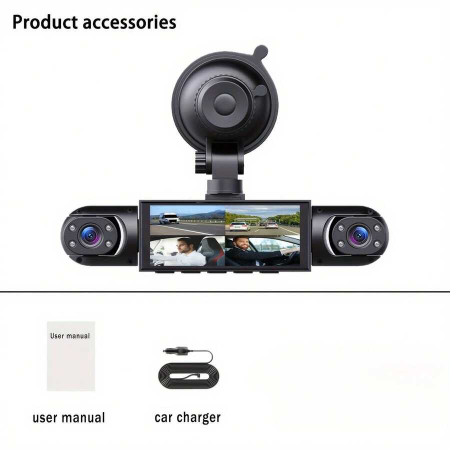 1pc 360° 3-Channel Car Dash Cam - Front 1080P & Rear/Left/Right 720P, 3.16" IPS Display, Night Vision, 24H Parking Mode (G-Sensor/Motion Detection),  Music Player, Supports 64GB Card (32GB Included) - 三路顯示 - 查看 1