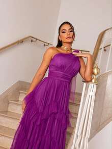 Women's Long One-Shoulder Tulle Dress Cascading Ruffles Simple Party Sensual Going Out Classic Romantic Fabric Knot Ruffle Hem Zipper Tiered Bridesmaid Civil Wedding Debutante Graduate Formal And Evening