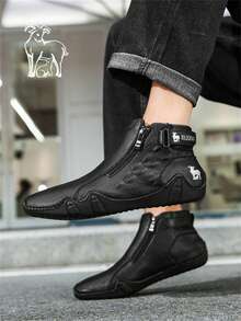 Men's Casual High-Top Leather Boots With Side Zipper Design, For Daily Wear - Black - View 2