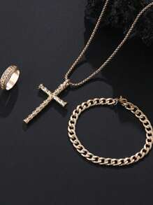 3pcs Men's Fashion Punk Rock Hip Hop Party Accessories Rose Flower Cross Necklace Bracelet Ring Set