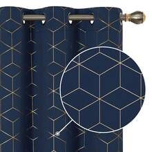 2 Pcs Blackout Curtains For Bedroom & Living Room - Diamond Foil Print, Grommet Top, Thermal Insulated & Room Darkening (Blocks Sun, Saves Energy) - 藏蓝色 - 查看 2