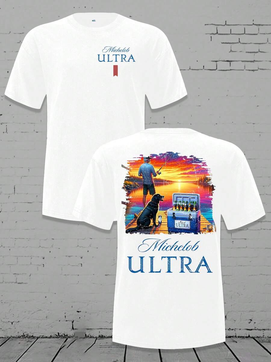 Men's Relaxed Crewneck T - Shirt - Michelob Ultra Fishing Scene Graphic, 220g Breathable Cotton Tee - 白色 - 查看 1